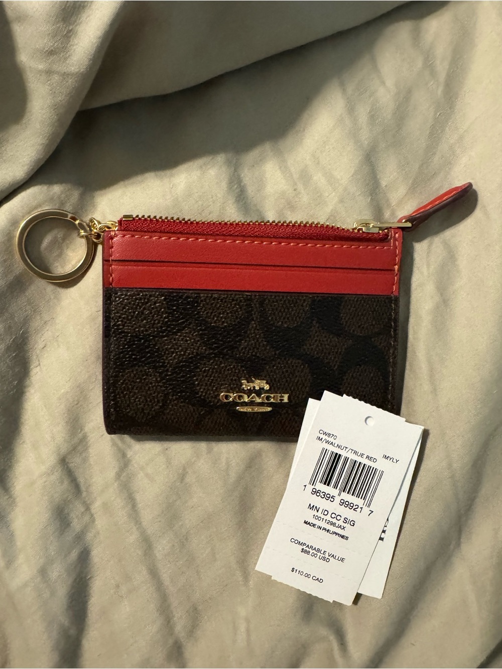 Coach Brown Signature Card Case with Red Trim and Key Ring